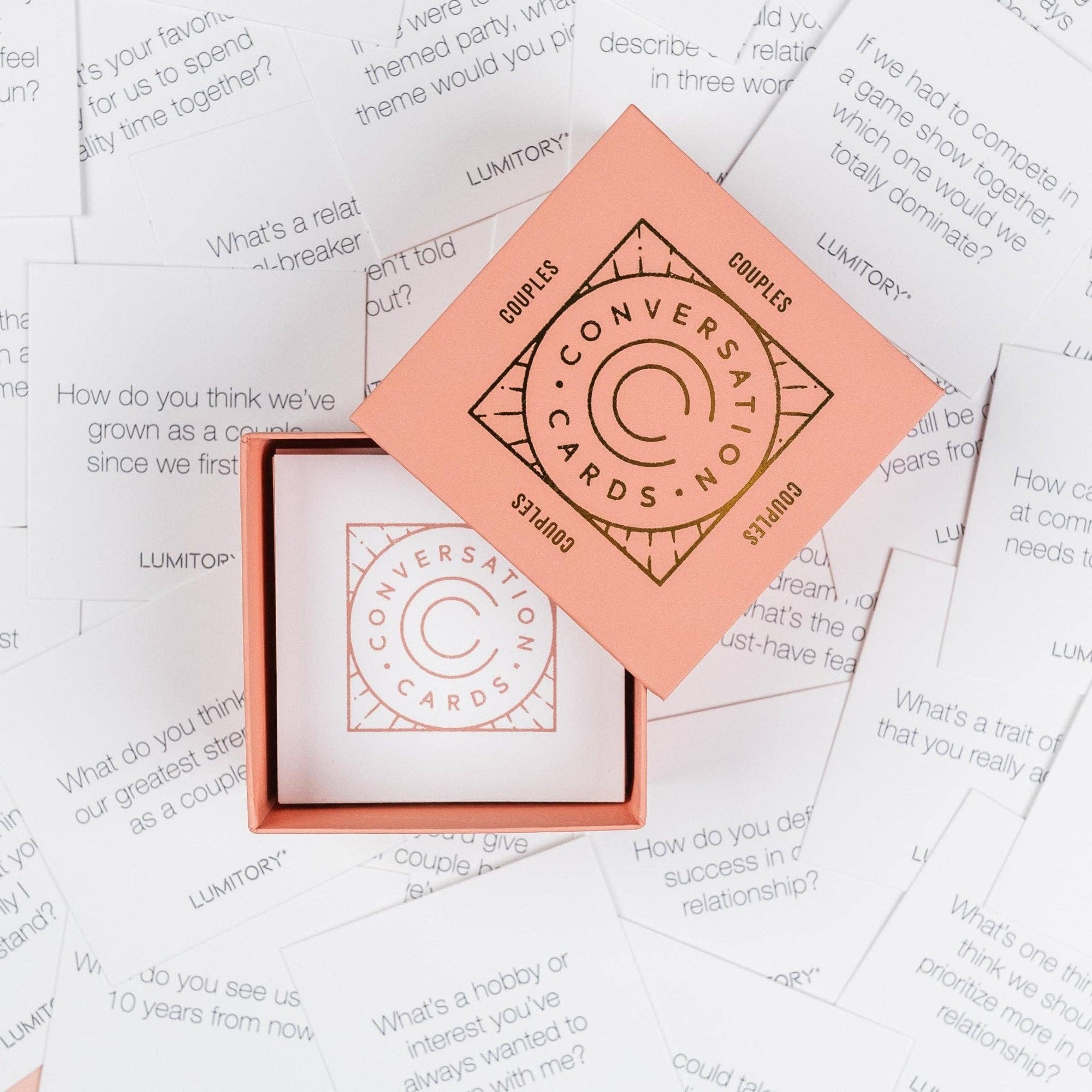 Couples conversation cards packaging on a white background with text