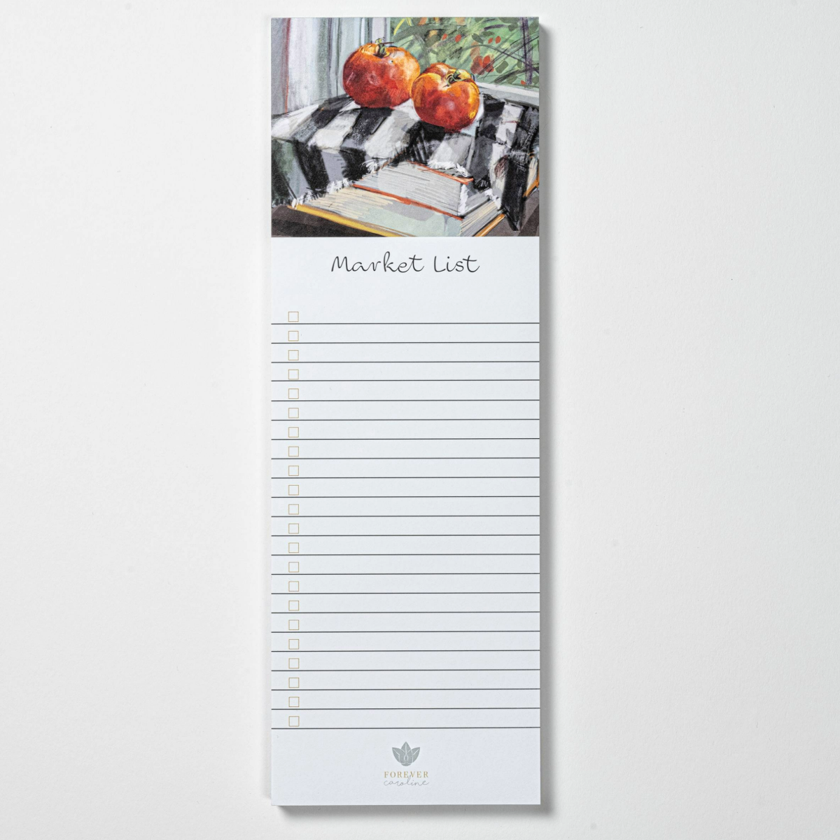 Notepad with a scenic cover featuring apples and a table, labeled 'Market List'.