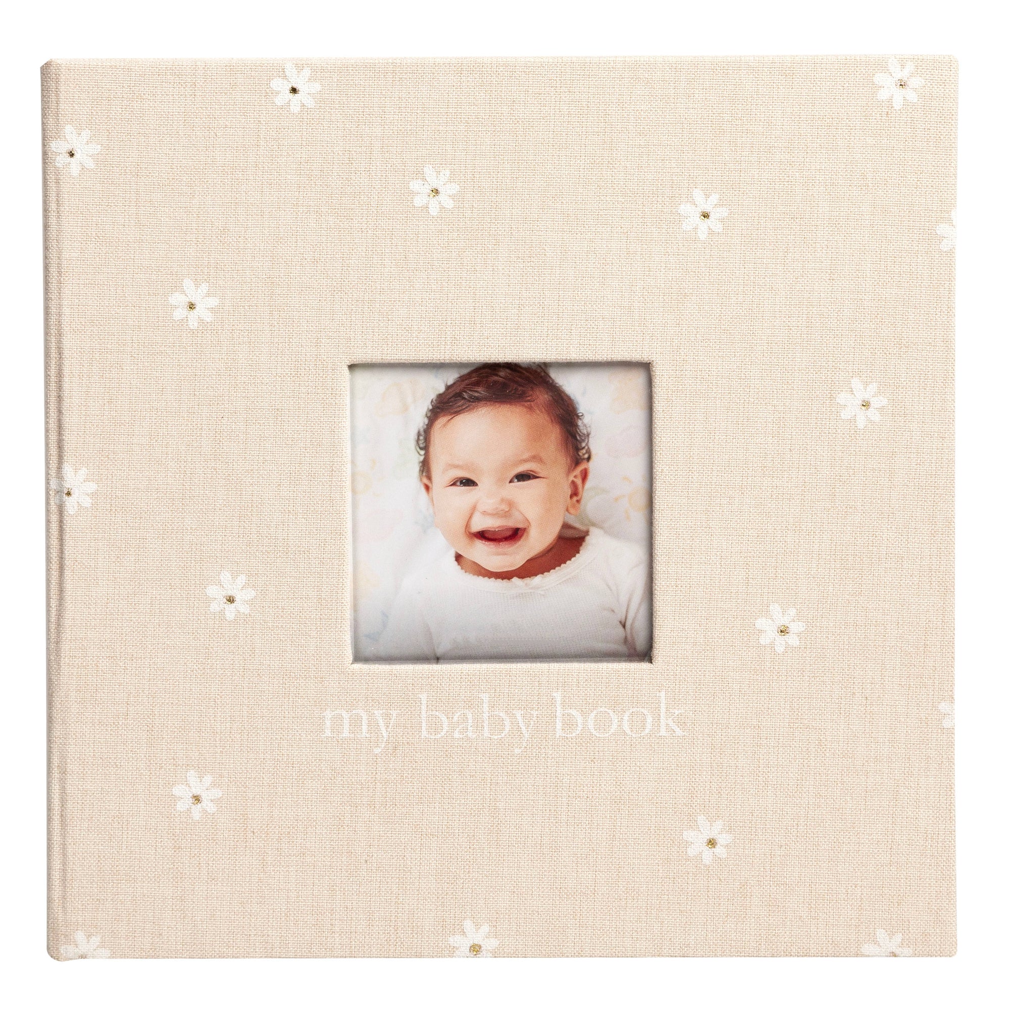 Beige baby album with a cutout for a photo of a baby, featuring the text 'my baby book'.