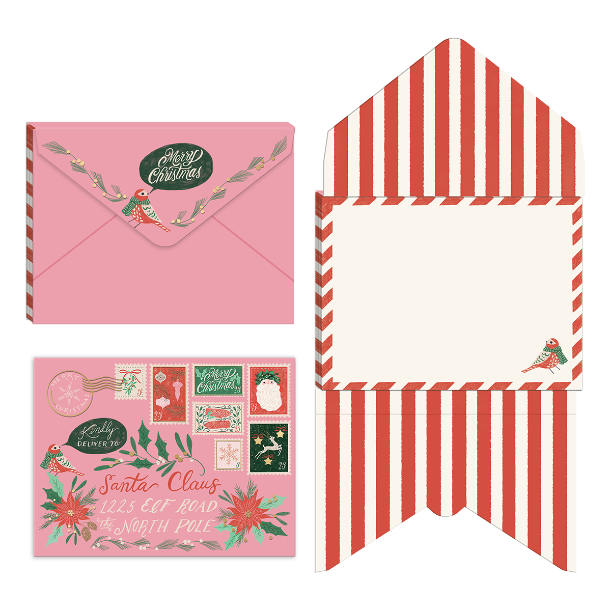 A Christmas-themed stationery set featuring a pink envelope with a green 'Merry Christmas' label, a red and white striped envelope, and a matching pink postcard with holiday illustrations and address text.