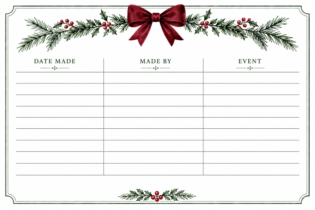 A Christmas-themed event tracking log sheet with a decorative header featuring green pine branches, red berries, and a large red bow, plus three columns labeled Date Made, Made By, and Event.