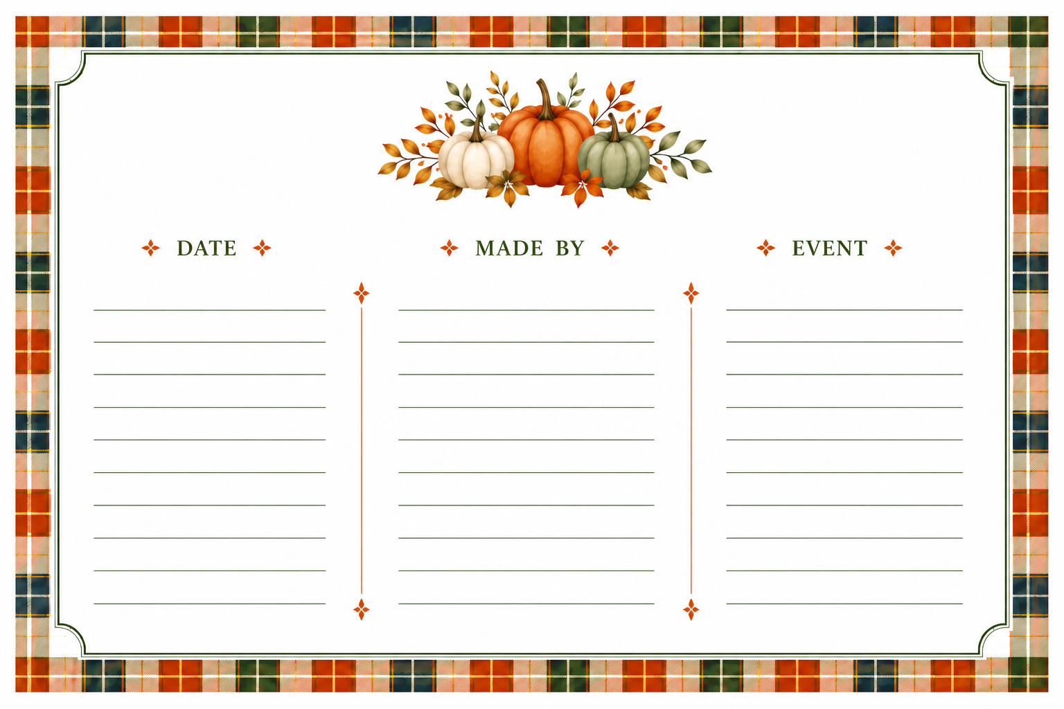 A fall-themed writing pad or planner insert with a white writing area, autumn leaves and pumpkins at the top, and a plaid border in orange, green, red, and beige.