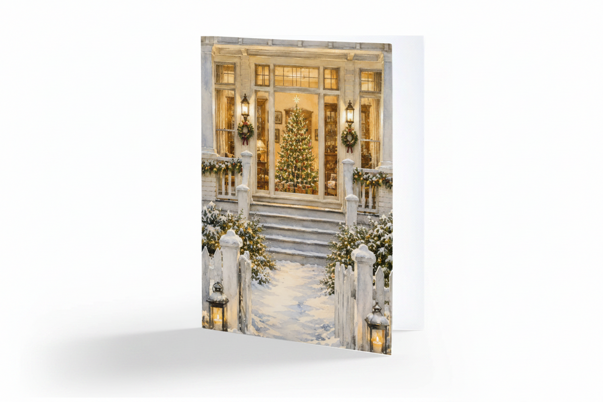 A vertical greeting card or art print featuring a festive holiday scene of a snow-covered front porch with a decorated Christmas tree, shown against a plain white background.