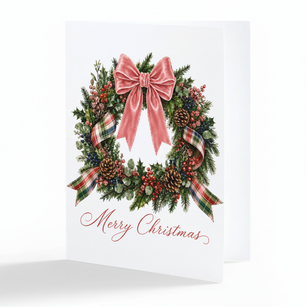 A white Christmas greeting card featuring a watercolor-style wreath with green pine branches, red berries, pinecones, and a large pink bow, with 'Merry Christmas' written in red script at the bottom.