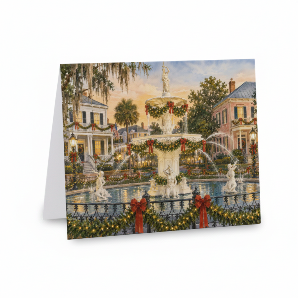 A folded greeting card featuring a festive Christmas scene of a fountain square with garlands, red bows, historic buildings, and hanging moss in the background, shown against a plain white backdrop.