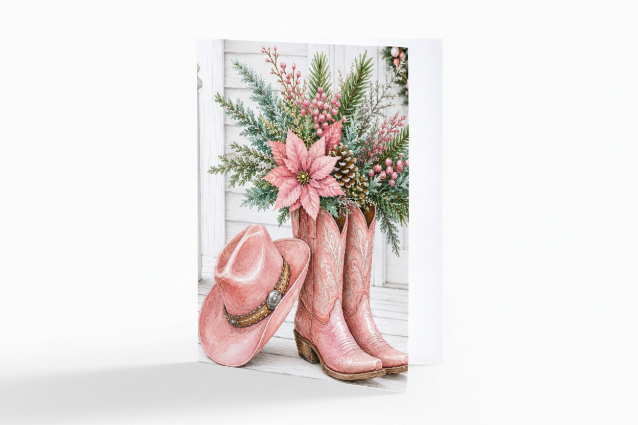 A square decorative print or card featuring a western holiday scene with pink cowboy boots, a matching pink hat, and a floral arrangement in the background, shown against a light gray studio backdrop.