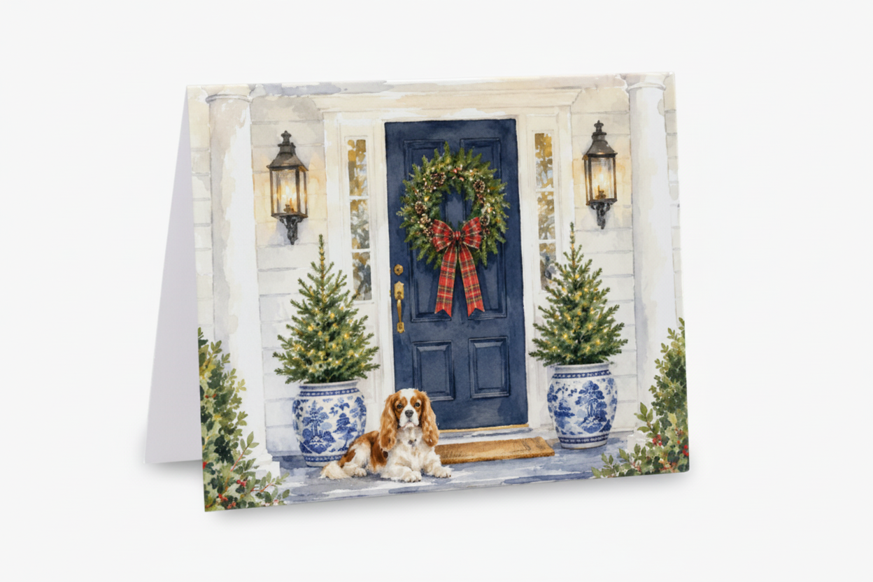 A greeting card featuring a watercolor-style illustration of a front door decorated with a green wreath and red plaid bow, with potted Christmas trees on either side and a small dog sitting at the bottom. The card is shown standing upright against a light gray background.