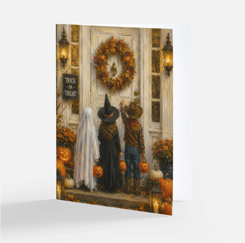 A vertical greeting card or art print featuring a painted Halloween scene: three children in costumes stand on a porch in front of a door with a wreath, lanterns, pumpkins, and flowers. The card is shown standing against a light gray background with a white card insert visible behind it.