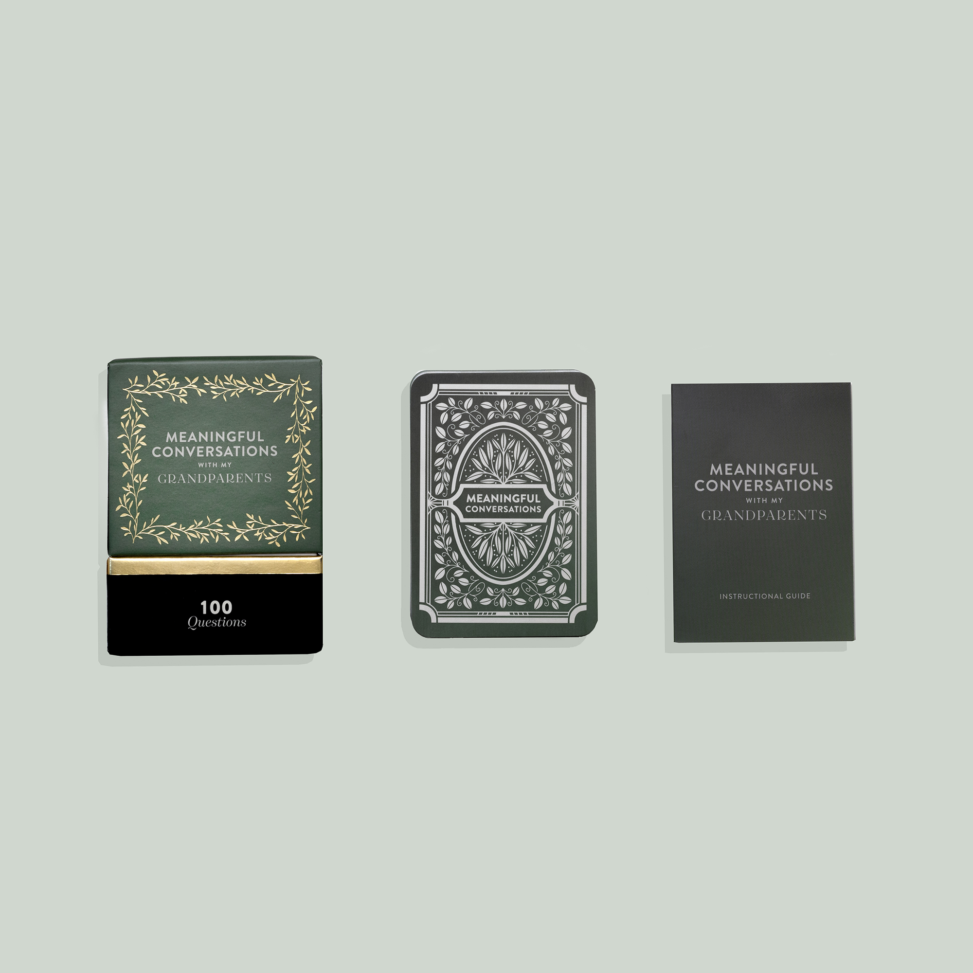 Three card decks with 'Meaningful Conversations with Grandparents' text on a light gray background