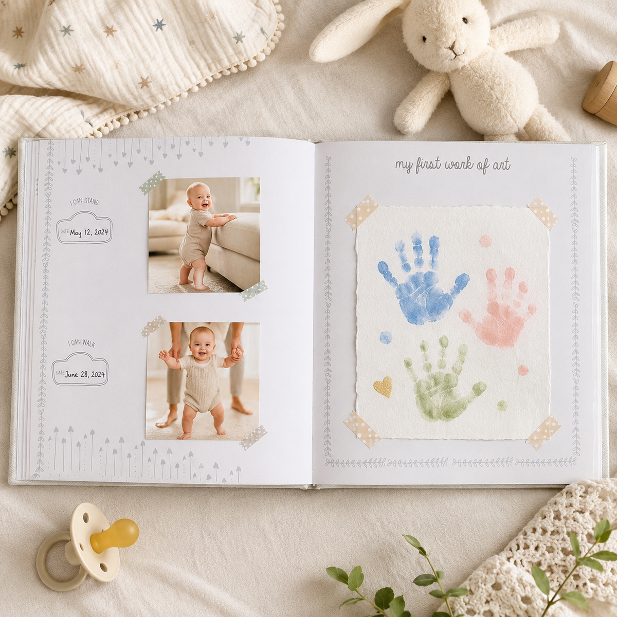 Hello Baby Square Linen Memory Book, Ivory 