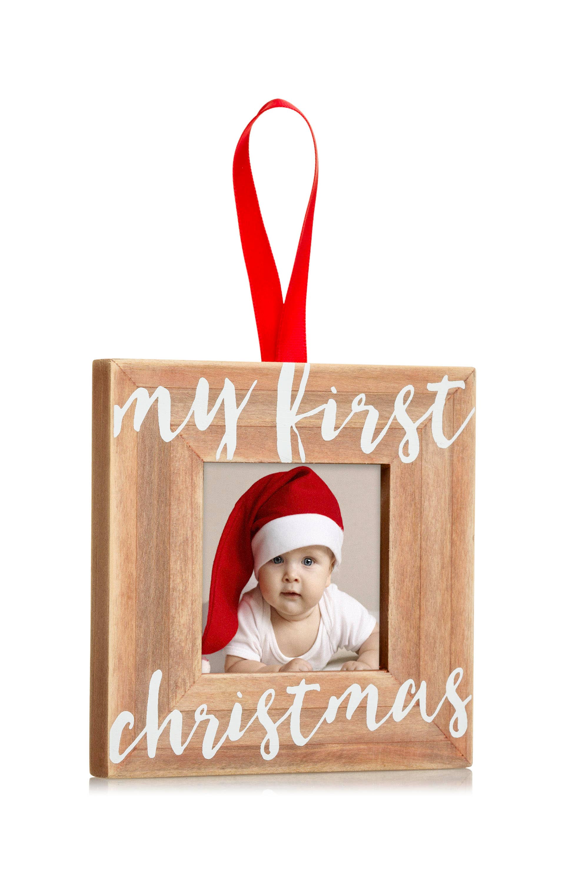 Wooden photo frame with 'my first Christmas' text and a baby wearing a Santa hat.