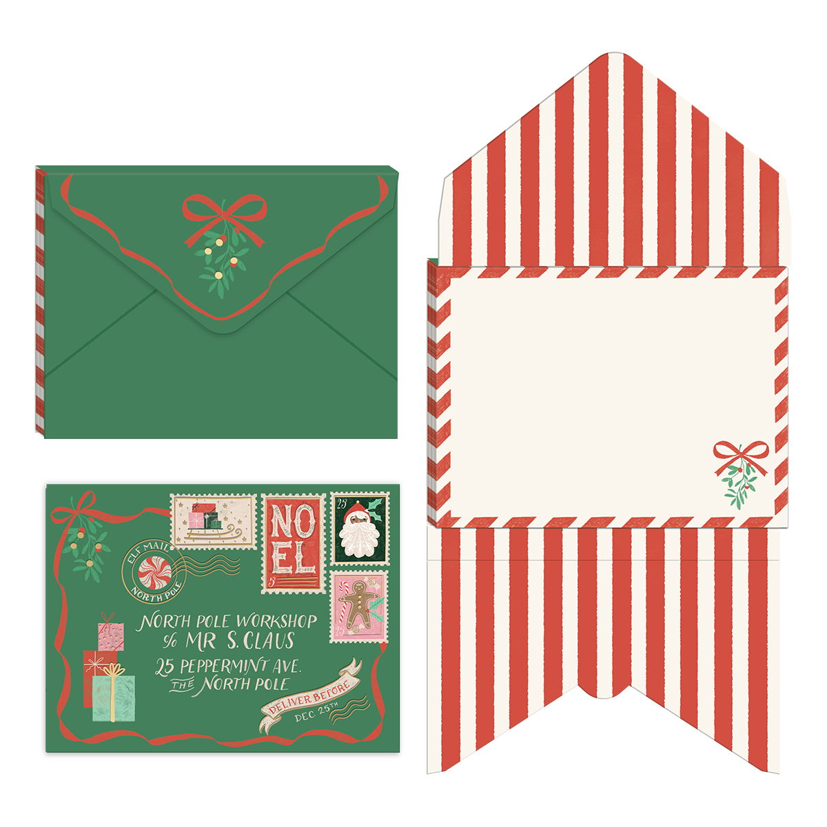 Christmas-themed stationery set featuring a green envelope with a red bow and mistletoe design, a red-and-white striped envelope with a blank white insert, and a matching green invitation card with festive illustrations and text.